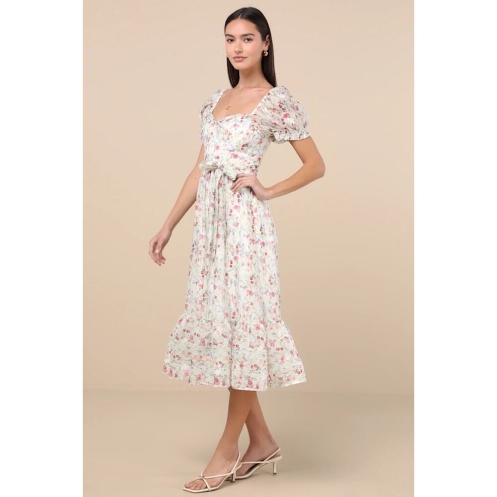 NWT Lulus Galiena Ivory Floral Tiered Puff Sleeve Midi Dress L - Picture 2 of 4